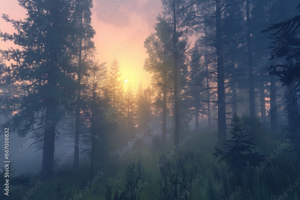 Aufkleber A peaceful forest scene at dawn, with sunlight filtering through the trees and mist creating a dreamy atmosphere. Generative AI