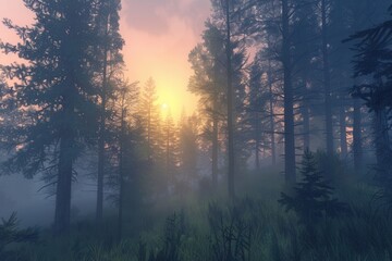 Obraz premium A peaceful forest scene at dawn, with sunlight filtering through the trees and mist creating a dreamy atmosphere. Generative AI