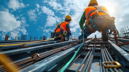 Construction workers wearing safety equipment while working at height industrial project. Fall arrestor device for worker with hooks for safety body harness on the roof structure. Safety concept.
