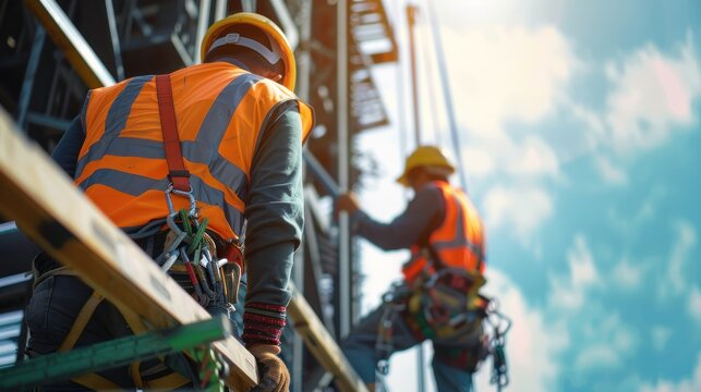 Construction workers wearing safety equipment while working at height industrial project. Fall arrestor device for worker with hooks for safety body harness on the roof structure. Safety concept. - Powered by Adobe