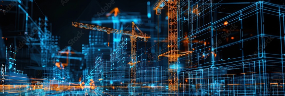 Aufkleber digital blueprint of a building under construction with cranes, symbolizing modern architecture and 