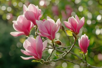Obraz premium Pink magnolia flowers blooming on a tree branch in a spring garden, bathed in soft sunlight