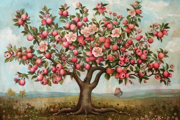 Painting of a beautiful apple tree growing in a field, full of ripe red apples and pink flowers