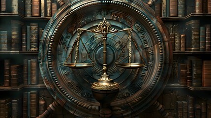 Fototapeta premium Background showcases scales of justice with symmetrically placed gavel and law books