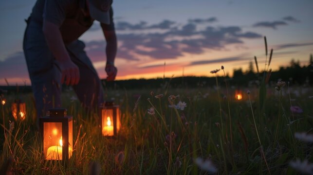 As the night sky darkens the cook lights a few lanterns to provide a warm glow over the meadow.