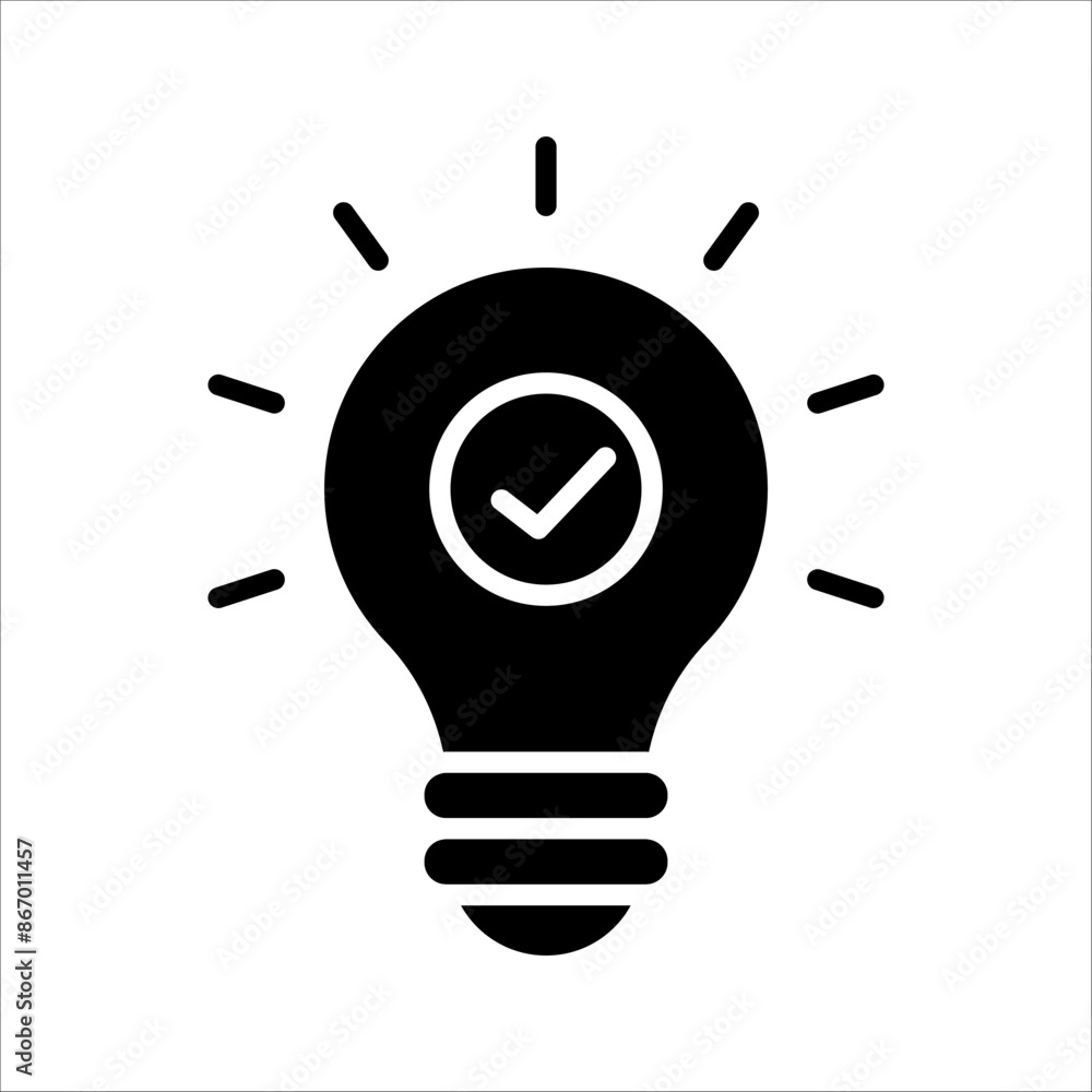 Wall mural black bulb with checkmark like quick tip icon, flat stroke linear simple trend modern efficiency log