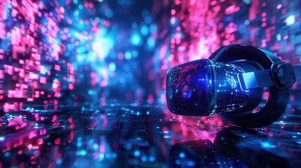 A futuristic VR headset lies on a digital surface, surrounded by glowing lights and a vibrant digital world, showcasing the immersive potential of virtual reality. Generative AI