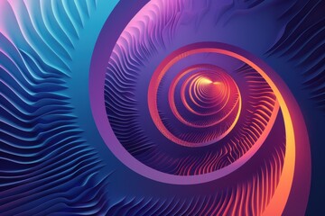Abstract 3D render of a vibrant neon spiral tunnel with a glowing center. Concept of technology, energy, futuristic design, and motion.