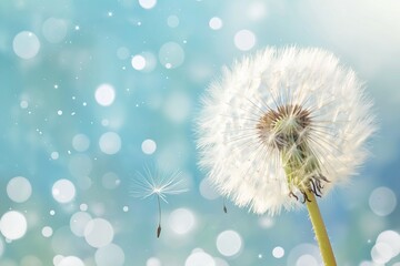 Dandelion flower on blue bokeh background. Soft focus