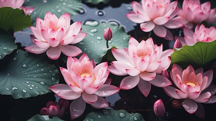 Lotus flowers beauty texture. A serene scene of pink lotus flowers blooming on a pond, with green lily pads and water droplets enhancing the tranquil atmosphere. Full screen filled.