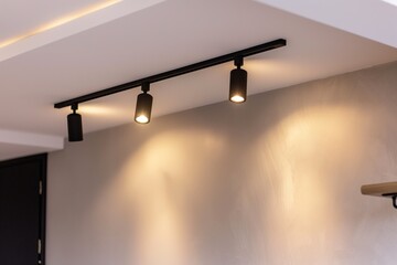 Lighting equipment on the wall in the living room. Spotlights under the ceiling. Track LED-lighting system