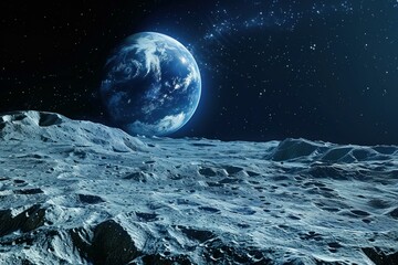 Blue planet earth is rising over a barren moon landscape