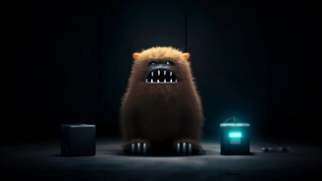 Furry brown creature with glowing teeth sits between contrasting light sources. Round body and stubby legs give cute appearance, while menacing grin adds eerie element. 