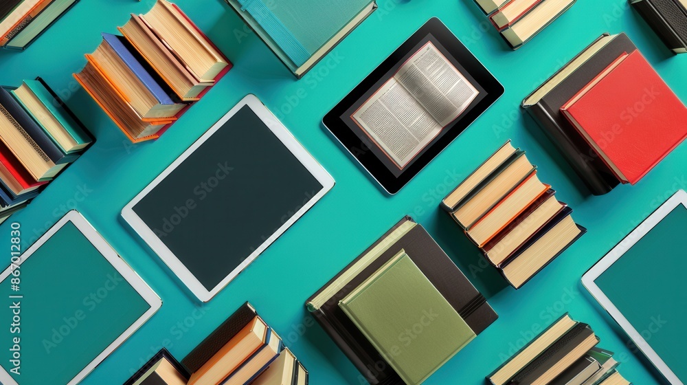 Fototapete various tablets and e-readers displaying digital learning materials and e-textbooks. generative ai