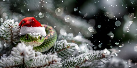 Happy New Year 2025, cute snake, among the Christmas trees, wearing a Santa Claus hat. Zodiac sign according to the Chinese horoscope. For congratulations, cards