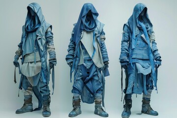 Three male fashion mannequins showcasing a blue denim collection, featuring various washes, textures, and distressed details