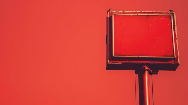 Red blank signboard on metal pole against vibrant red background