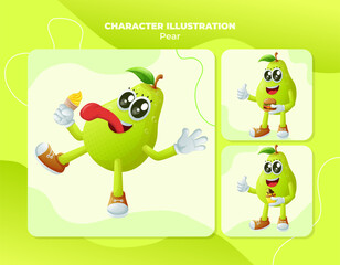 Cute pear characters enjoying food