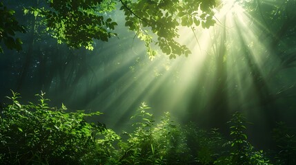 Sunlight streaming into a lush forest are ideal for use as a background to create a fresh and hopeful atmosphere in graphic design, advertising or as a backdrop for photography that emphasizes nature.