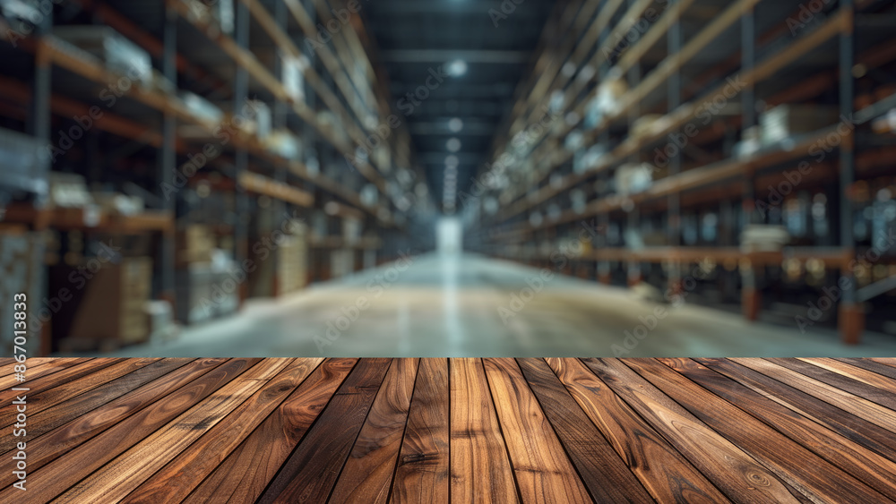 Aufkleber empty wood table top with blur background of warehouse of factory. the table giving copy space for p