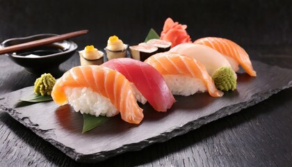 Sushi is a Japanese dish featuring vinegared rice combined with various ingredients like raw fish, vegetables, and sometimes tropical fruits. It's often served with soy sauce, wasabi.