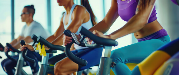 Close up of people on spinning bike in fitness club, group doing exercise class at gym for sport and weight loss concept with young woman riding stationery bicycle