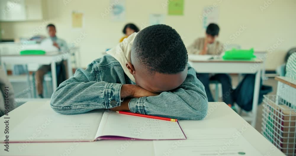 Poster student, desk and boy for tired in classroom, adhd or activity with relax for sleeping learner. educ