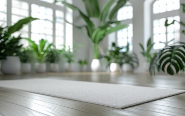 White Yoga Mat On Wooden Floor With Blurred Green Plants And Windows In The Background.