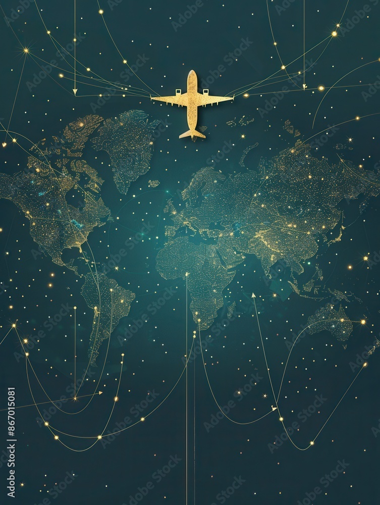 Aufkleber A simple and symbolic minimalist design of a world map with highlighted flight routes and an airplane, perfect for travel agencies and global booking services. Generative AI