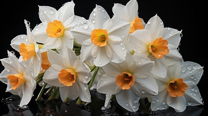 Fototapeta premium Many Narcissus flowers bouquet wallpaper. A close-up of a bouquet of white daffodils with orange centers, covered in water droplets, against a black background. Full screen filled.