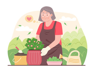 Elderly Woman Planting Flower Plant into Flower Pot for Gardening Concept Illustration