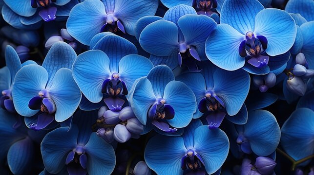 Orchid flowers beauty texture. A close-up of vibrant blue orchids in full bloom, showcasing their delicate petals and intricate details. Full screen filled.