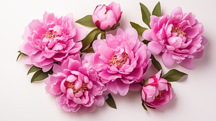 Peony flowers pattern background. A cluster of vibrant pink peonies with lush green leaves arranged on a white background. Full screen filled.