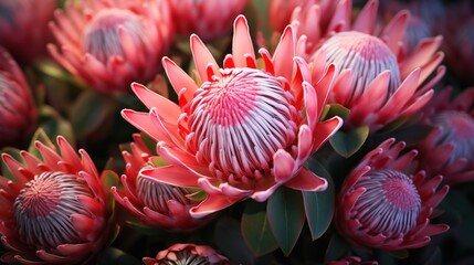 Blooming Protea flowers composition. Close-up of blooming pink protea flowers with green leaves in natural light. Full screen filled.