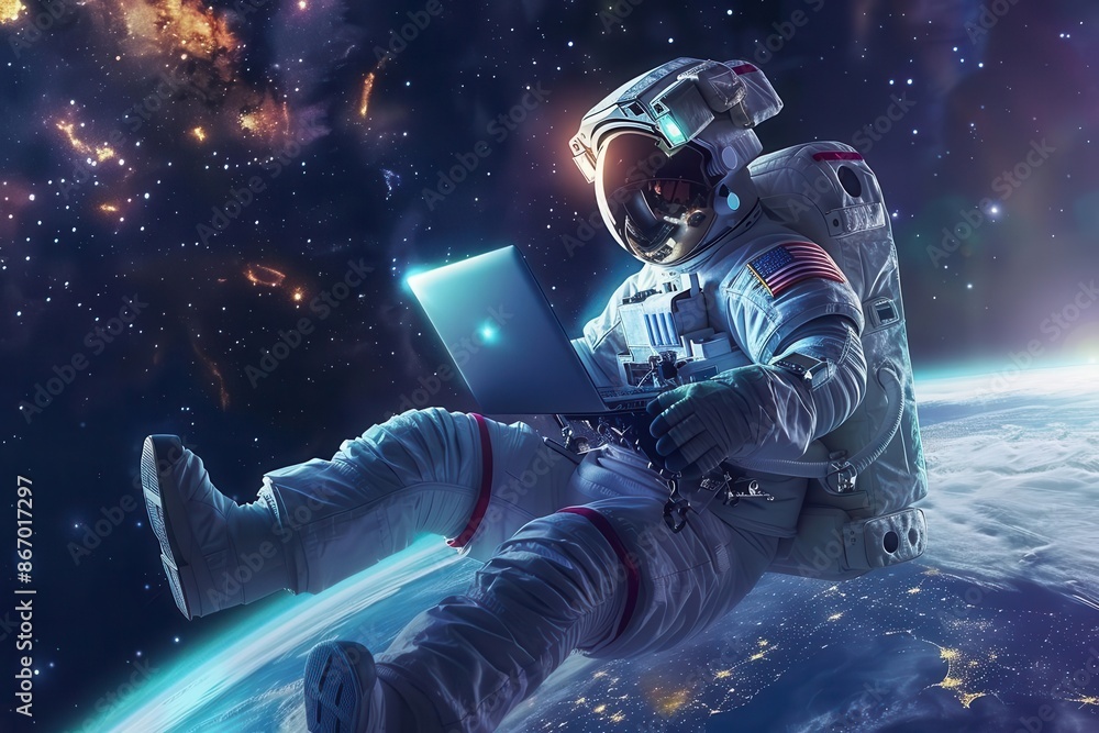 Poster astronaut floating in zero gravity working on holographic laptop starry space background earth visib