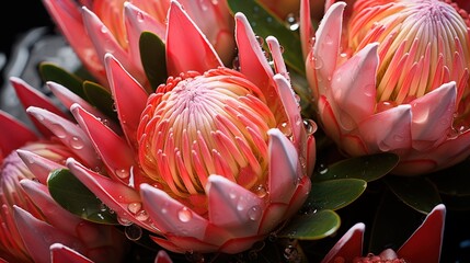 Protea flowers pattern background. Close-up of pink protea flowers with water droplets on petals and leaves. Full screen filled.