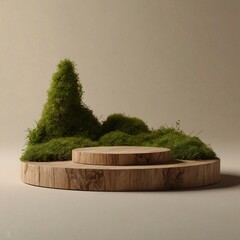 A wooden podium decorated with green moss, offers ample free space for presentations. generative ai