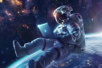astronaut floating in zero gravity working on holographic laptop starry space background earth visible in distance futuristic spacesuit with glowing accents