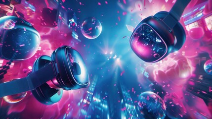 A vibrant image showcasing VR headsets and AR glasses floating in a dazzling, digital realm. Generative AI