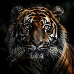Naklejka premium Angry tiger,Sumatran tiger (Panthera tigris sumatrae) beautiful animal and his portrait. 