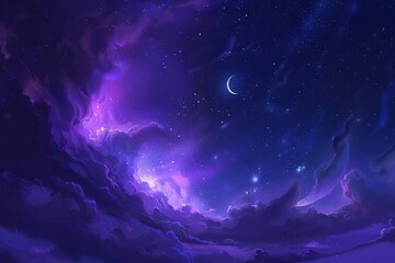 celestial night sky with swirling purple nebulae twinkling stars and crescent moon creating a dreamlike and magical mobile wallpaper