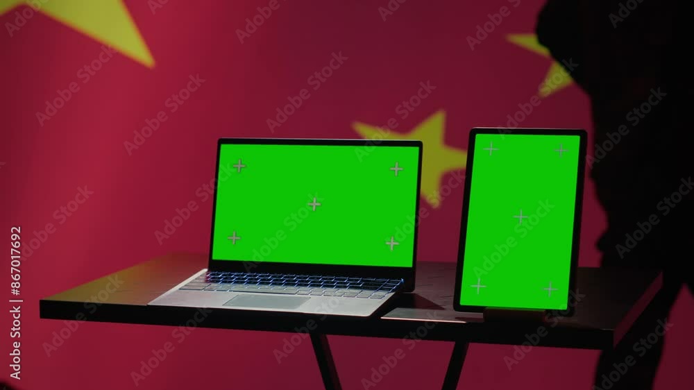 Poster china army soldier using isolated screen laptop and tablet to identify threats from enemies. army pe