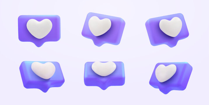 3d rendered purple heart textbox, heart icon, love social media notification, emoticon on the chat box. Set Like heart icon on a purple pin. Set of heart in speech bubble icon. Vector illustration
