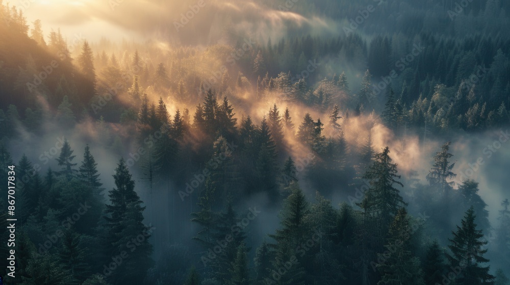 Poster an aerial view of a misty forest at dawn, with sunlight filtering through the trees. generative ai