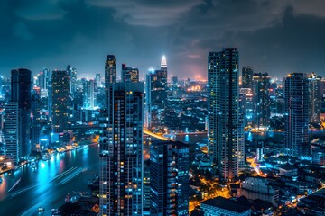 A city at night with a lot of tall buildings