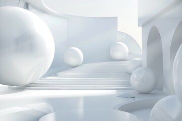 Minimalist white 3D render of an abstract architectural space with spheres and arches. Perfect for product display, background or design element