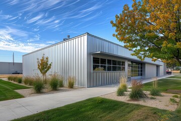 Obraz premium contemporary warehouse exterior featuring streamlined design with integrated small office unit industrial architecture balancing functionality and aesthetic appeal