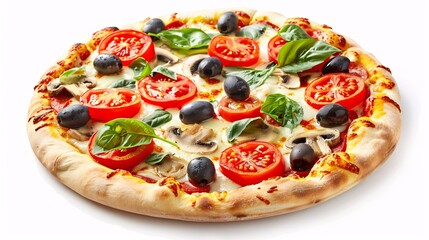 Delicious veggie pizza with champignon mushrooms, isolated against a plain white background.