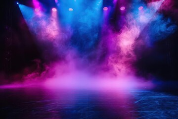 dramatic empty stage bathed in ethereal blue purple and pink neon lights smokefilled atmosphere and spotlights create mysterious ambiance for theatrical performances