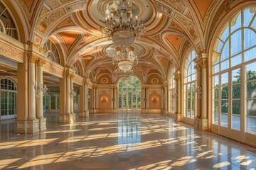 Obraz premium elegant ballroom with ornate columns and expansive arched window bathed in soft ethereal light intricate ceiling frescoes and crystal chandeliers reflect grandeur and opulence
